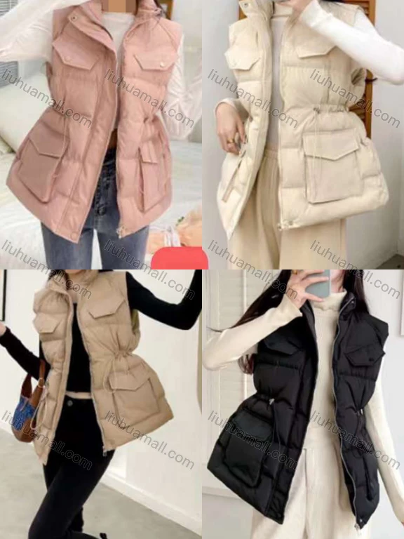 Wholesale Women's Causal Button Front Zipper Pockets Qualited Drawstring Puffer Plain Vest