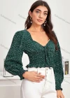 Wholesale Woman's Casual Square Neck Long Sleeve Tie Front Polka Dot Ruffle Hem Crop Top - Liuhuamall