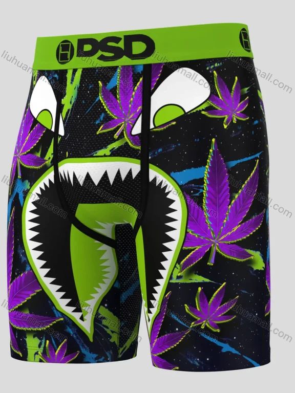 Wholesale Men's Boxer Shorts - High-Waisted Green Waistband with Shark & Cannabis Leaf Print, Blac Hip Hop Streetwear Underwear