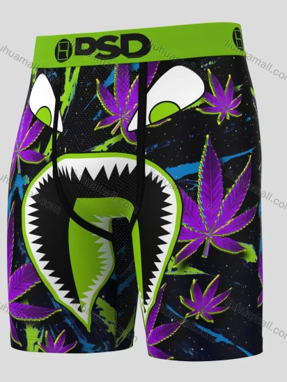 Wholesale Men's Boxer Shorts - High-Waisted Green Waistband with Shark & Cannabis Leaf Print, Blac Hip Hop Streetwear Underwear