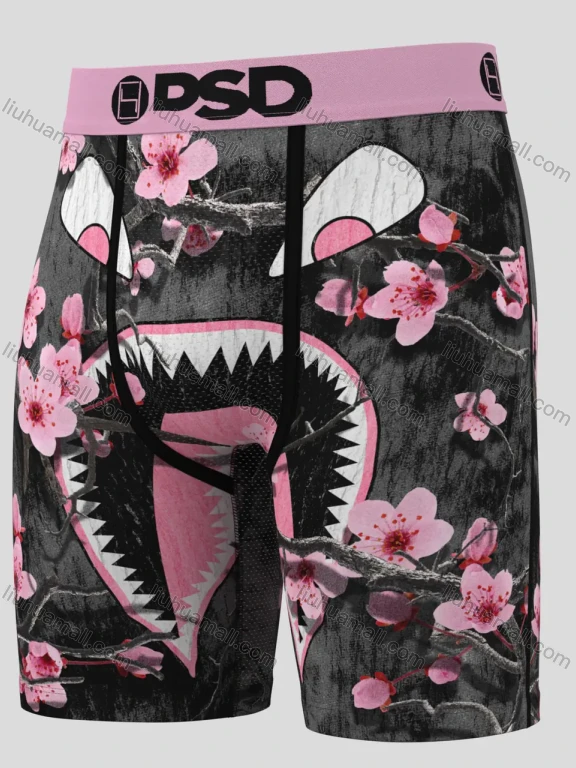 Wholesale Men's Shark Jaw Cherry Blossom Print Boxer Shorts - Black High-Waist Pink Band, Stretch Comfort, Streetwear Style Wholes