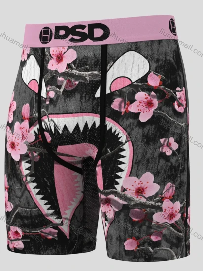 Wholesale Men's Shark Jaw Cherry Blossom Print Boxer Shorts - Black High-Waist Pink Band, Stretch Comfort, Streetwear Style Wholes