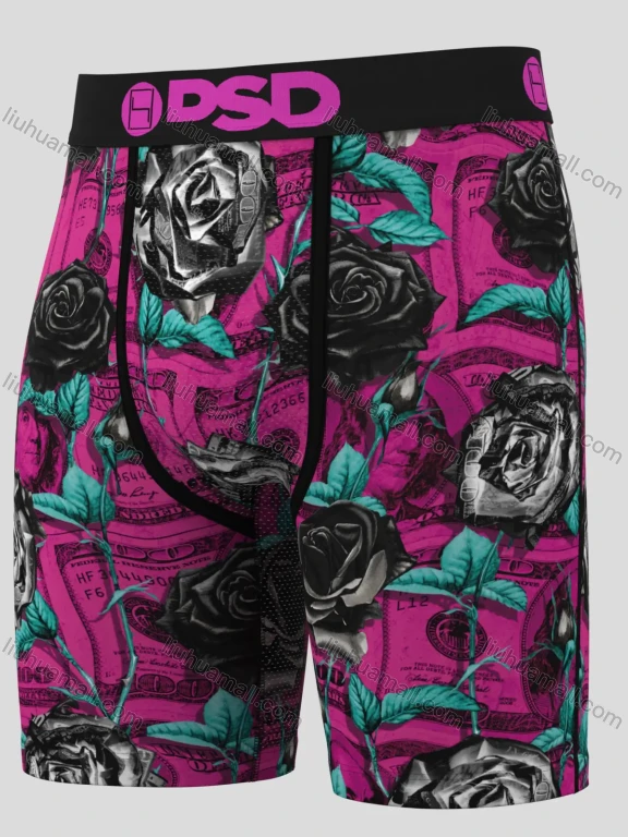 Wholesale Men's Pink Boxer Briefs with Black Rose & Dollar Bill Print - High-Waist Stretch Comfort, Streetwear Style Wholesale