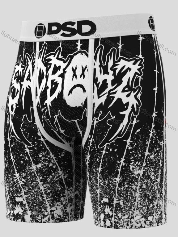 Wholesale Men's Graffiti Print Boxer Shorts Wholesale - Black & White X-Eye Face Design, High-Waist Stretch Comfort