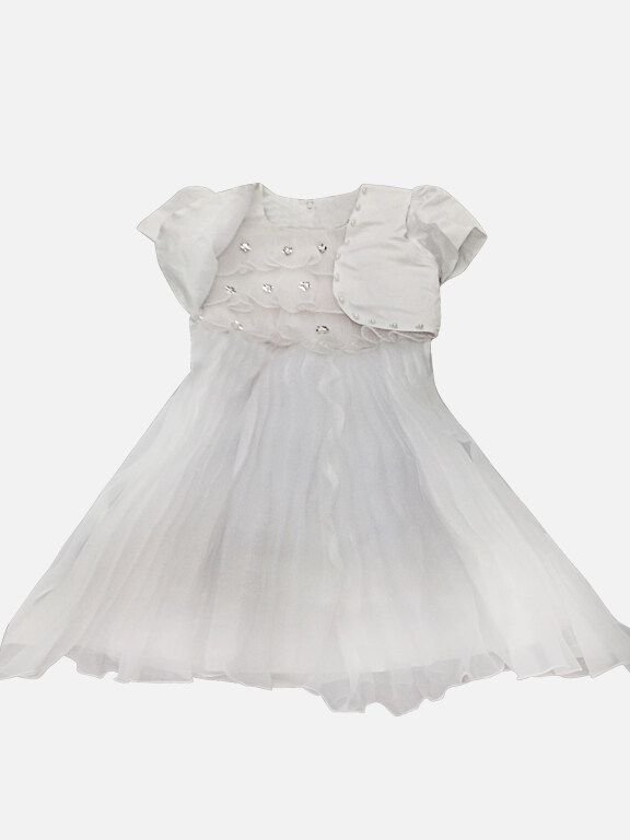 Girls Lovely Rhinestone Ruffle Trim Zipper Back Flower Dress & Crop Cardigan Set, Clothing Wholesale Market -LIUHUA, 