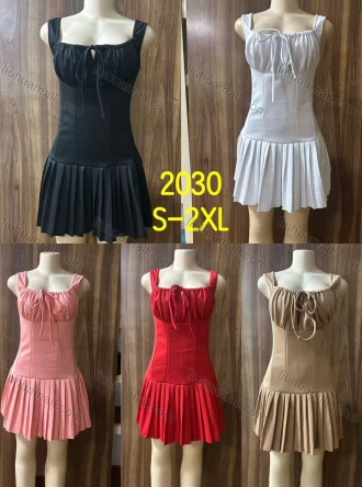 Wholesale Women's High Waist Strap Square Neck Plain Pleated Short Dress #2030, LIUHUA CLOTHING WHOLESALE
