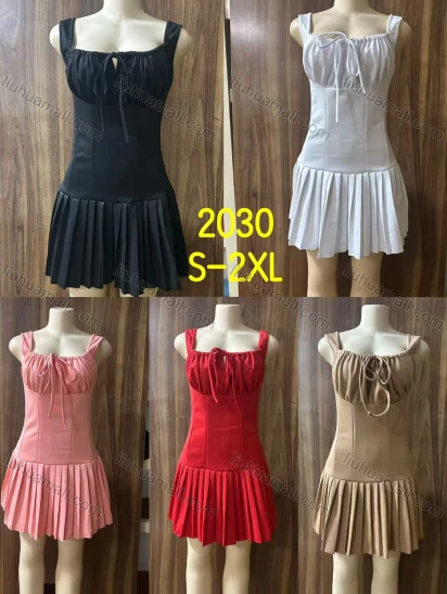 Wholesale Women's High Waist Strap Square Neck Plain Pleated Short Dress #2030