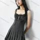 Wholesale Women's High Waist Strap Square Neck Plain Pleated Short Dress #2030 Gray Clothing Wholesale Market Liuhua