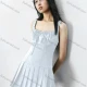 Wholesale Women's High Waist Strap Square Neck Plain Pleated Short Dress #2030 White Clothing Wholesale Market Liuhua