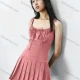 Wholesale Women's High Waist Strap Square Neck Plain Pleated Short Dress #2030 Pink Clothing Wholesale Market Liuhua