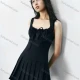 Wholesale Women's High Waist Strap Square Neck Plain Pleated Short Dress #2030 Black Clothing Wholesale Market Liuhua