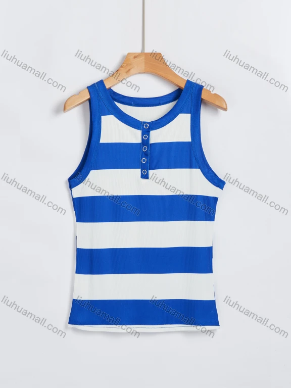 Wholesale Women's Round Neck Striped Colorblock Button Front Casual Tank Top GK047#