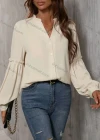 Wholesale Women's Casual Plain V Neck Ruffle Trim Button Down Long Sleeve Blouse - Liuhuamall