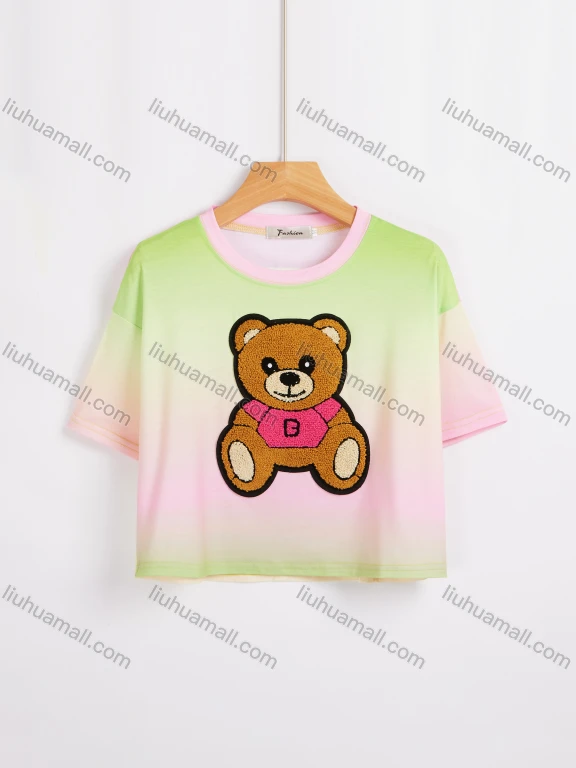 Wholesale Women's Bear Print Gradient Short Sleeve Round Neck Drop Shoulder Crop Tee WU012#