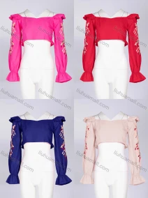 Wholesale Women's Floral Embroidery Off Shoulder Ruffle Trim Long Sleeve Crop Blouse SY06#, LIUHUA CLOTHING WHOLESALE