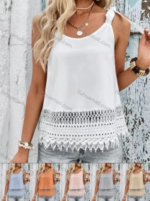 Wholesale Women's Casual Plain Hollow Out Lace Trim Cami Top, LIUHUA CLOTHING WHOLESALE