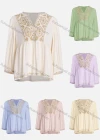 Wholesale Women's Casual Vintage Embroidery Notched Neck Long Sleeve Blouse - Liuhuamall