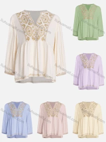 Wholesale Women's Casual Vintage Embroidery Notched Neck Long Sleeve Blouse, LIUHUA CLOTHING WHOLESALE