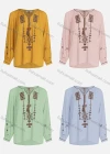 Wholesale Women's Casual Vintage Embroidery Notched Tie Neck Long Sleeve Blouse - Liuhuamall