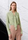 Wholesale Women's Casual Long Sleeve Tie Neck Ruched Back Plain Tops - Liuhuamall