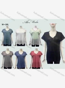 Wholesale Women's Casual Plain V Neck Lace Trim Short Sleeve Blouse, LIUHUA CLOTHING WHOLESALE