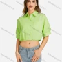 Wholesale Women's Casual Collared Plain Drawstring Pearl Decor Short Sleeve Slim Fit Crop Top 00065# preview