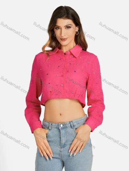 Wholesale Women's Casual Collared Plain Rhinestone Long Sleeve Slim Fit Crop Top 00063#