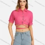 Wholesale Women's Casual Collared Plain Rhinestone Tie Back Short Sleeve Slim Fit Crop Top 00061# preview