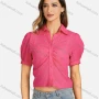 Wholesale Women's Casual Collared Plain Rhinestone Short Sleeve Slim Fit Crop Top 00062# preview