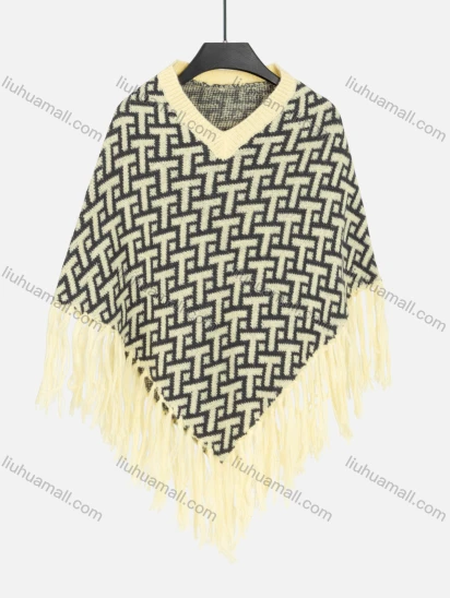 Wholesale Women's V Neck Plain Knitted Tassel Fringe Trim Geo Print Poncho 80074#