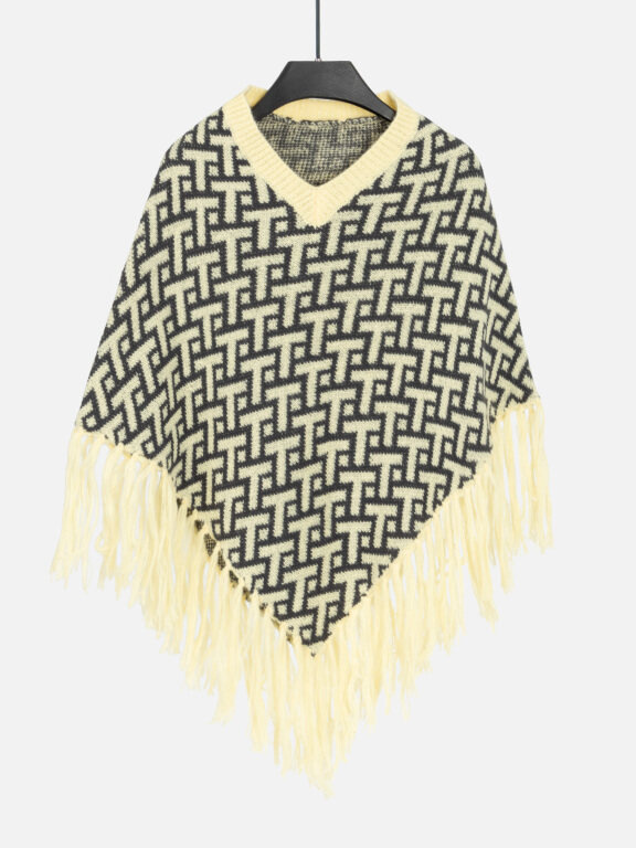 Women's V Neck Plain Knitted Tassel Fringe Trim Geo Print Poncho 80074#, LIUHUA Clothing Online Wholesale Market, All Categories