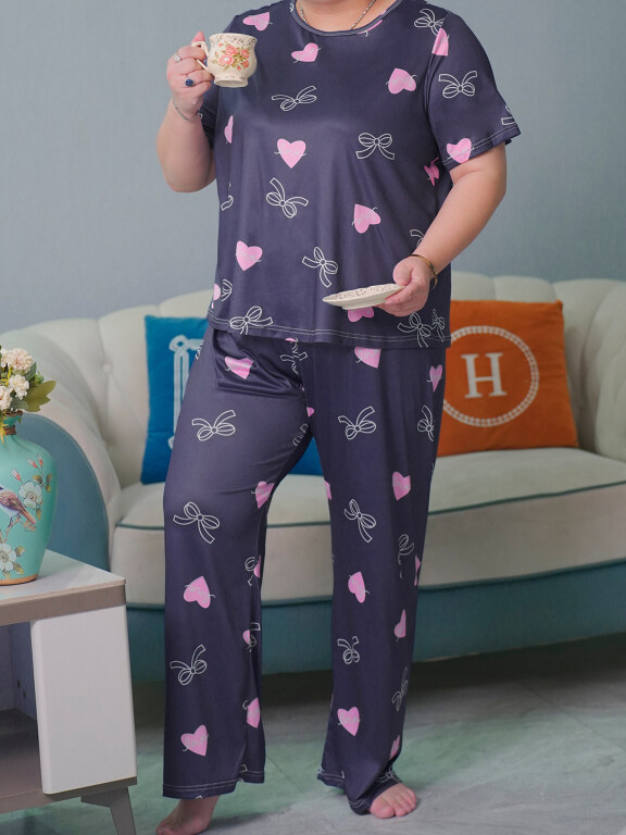 Women's Lounge Milk Silk Heart Bowknot Print Short Sleeve T-shirt & Pant Pajamas Sets DM02304-01#, Clothing Wholesale Market -LIUHUA, Women, Women-s-Top