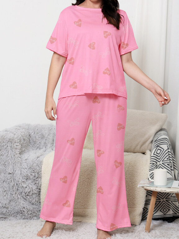 Women's Lounge Milk Silk Heart Bowknot Print Short Sleeve T-shirt & Pant Pajamas Sets DM02304-01A#, Clothing Wholesale Market -LIUHUA, Women, Women-s-Top