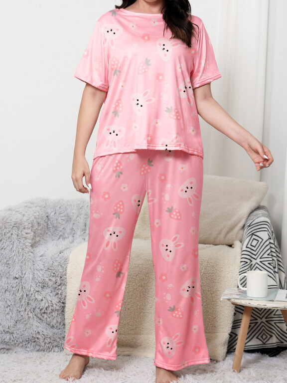Women's Lounge Milk Silk Strawberry Animal Print Short Sleeve T-shirt & Pant Pajamas Sets DM02304#, Clothing Wholesale Market -LIUHUA, Women, Women-s-Top