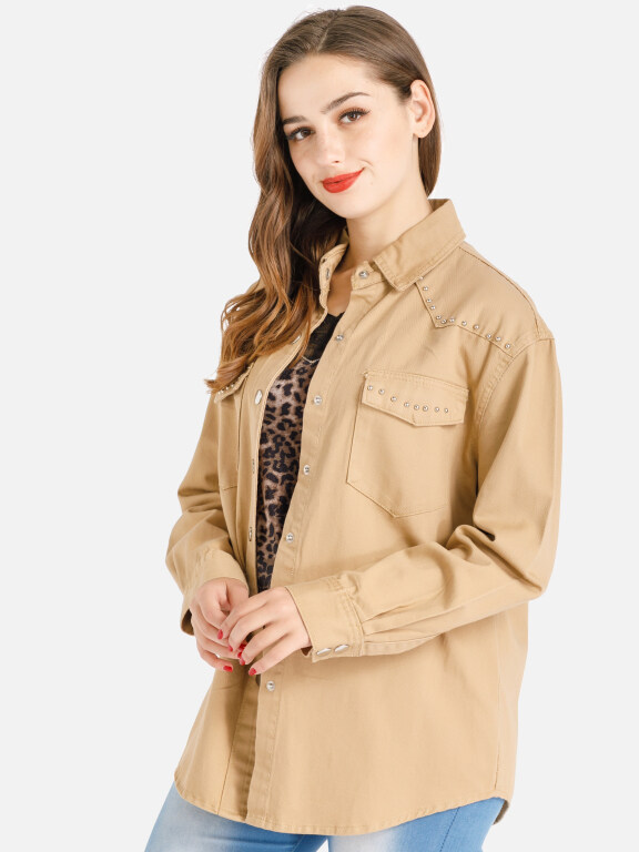Women's Loose Fit Long Sleeve Double Flap Pocket Rivets Plain Overshirt, Clothing Wholesale Market -LIUHUA, Coats%20%26%20Jackets