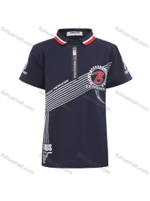Wholesale Boy's Casual Number Print Quarter Zip Striped Short Sleeve Polo Shirt, LIUHUA CLOTHING WHOLESALE
