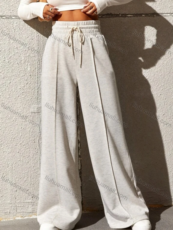 Wholesale Women's Sporty Plain High Waist Drawstring Wide Leg Long Pants