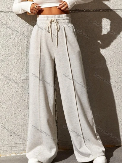 Wholesale Women's Sporty Plain High Waist Drawstring Wide Leg Long Pants