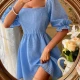 Wholesale Women's Square Neck Poet Sleeve Open Back Plaid Texture Shirred Plain Short Dress AY189# Azure Clothing Wholesale Market Liuhua