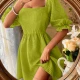 Wholesale Women's Square Neck Poet Sleeve Open Back Plaid Texture Shirred Plain Short Dress AY189# 81# Clothing Wholesale Market Liuhua