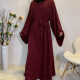Women's Islamic Muslim Bell Sleeve Belted Abaya Robe Dress Dark Red Clothing Wholesale Market -LIUHUA