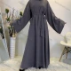 Wholesale Women's Islamic Muslim Bell Sleeve Belted Abaya Robe Dress Gray Clothing Wholesale Market Liuhua