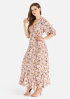 Wholesale Women's Casual Elegant Allover Floral Print Wrap V Neck Ruffle Hem Maxi Dress - Liuhuamall