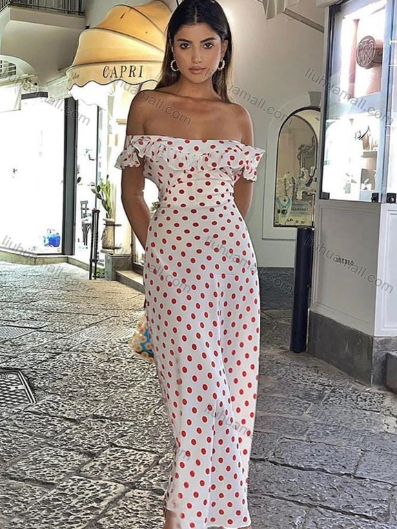 Wholesale Women's Casual Off Shoulder Polka Dots Print Ruffle Trim Maxi Dress