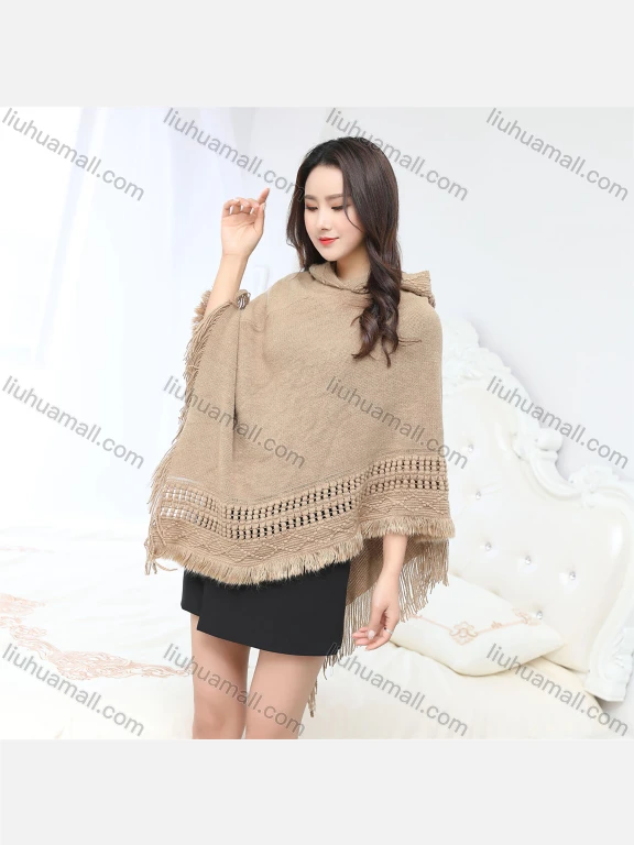 Wholesale Women's Casual Plain Scarf Hem Tassel Trim Hollow Out Hooded Cape
