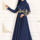 Women's Muslim Islamic Elegant Long Sleeve Gold Thread Embroidery Maxi Abaya Dress Navy Clothing Wholesale Market -LIUHUA