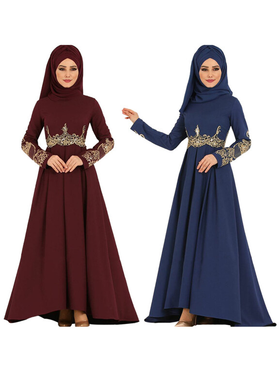 Women's Muslim Islamic Elegant Long Sleeve Gold Thread Embroidery Maxi Abaya Dress, Clothing Wholesale Market -LIUHUA, SPECIALTY, Ethnic-Clothing