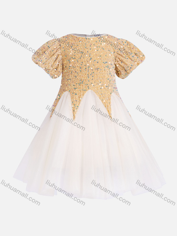 Wholesale Girls Cute Splicing Lace Short Sleeve Sequin Shirred Flower Girl Dress 230623#