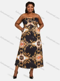 Wholesale Women's Off Shoulder High Waist Baroque Print Maxi Tube Dress 28203A#, LIUHUA CLOTHING WHOLESALE