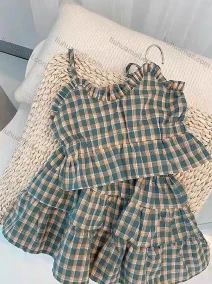 Wholesale Girls Casual Gingham Ruched Ruffle Trim Cami Top & Ruffle Hem Skirt Sets, LIUHUA CLOTHING WHOLESALE